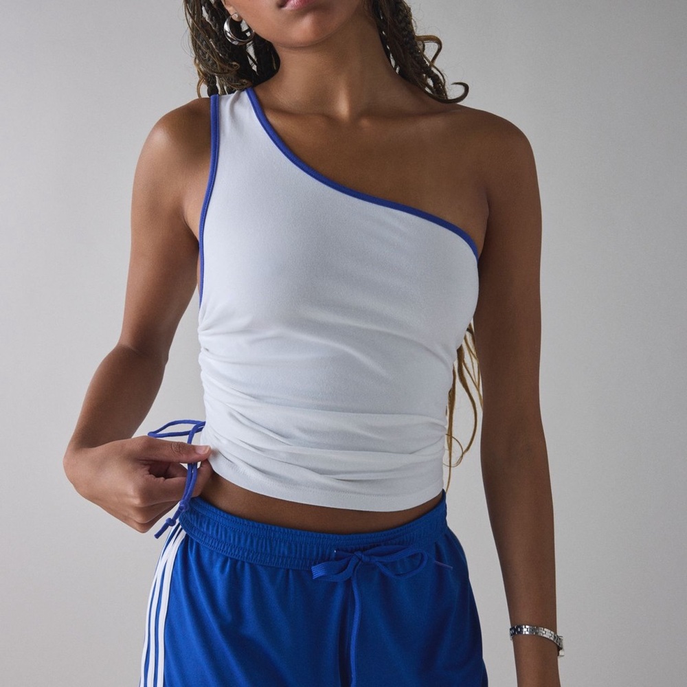 Urban Outfitters White and Blue One-Shoulder Top